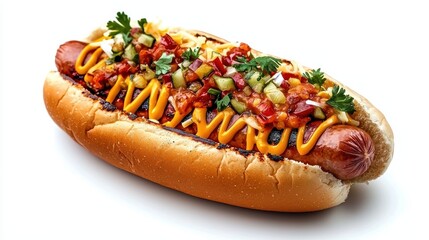 Delicious Grilled Sausage Hot Dog Served in a Fresh Bun with Colorful Toppings and Condiments
