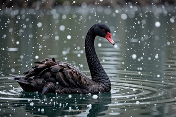 Obraz premium Elegant Black Swan Swimming in Calm Water Splashing Water Drops Dark Feathers