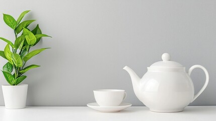 Elegant White Teapot and Cup with Green Plant on Minimalist Table