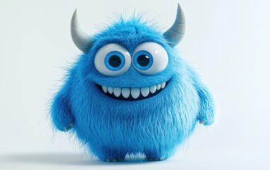 Obraz premium A fluffy blue monster with large round eyes and tiny horns, smiling cheerfully on a bright white background