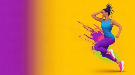 Naklejka premium A young, athletic woman of color in vibrant activewear jumps across a yellow background with paint splatters.