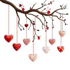 Valentine's Day hanging hearts on tree branch isolated transparent background png