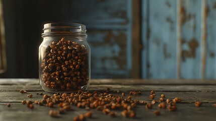 Jar filled with whole cloves on wooden table.