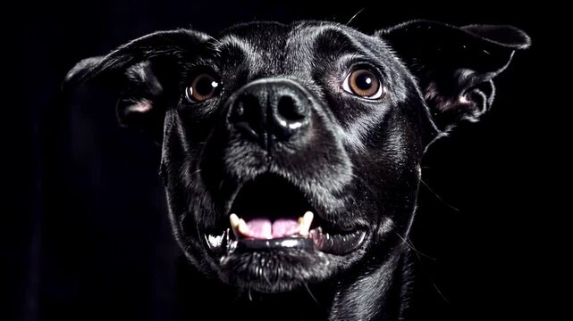 Close-Up Black Dog Portrait: Playful Energy and Bright Eyes in Dark Studio &ndash; Perfect Pet Projects, Adorable Canine Focused 4K Video