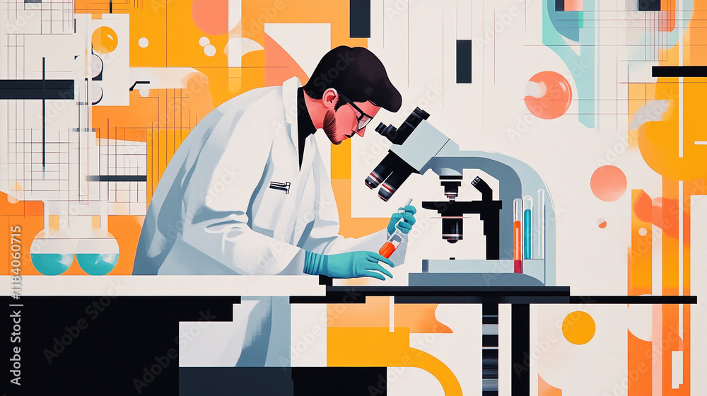 Poster scientist conducting research with a microscope in a modern laboratory