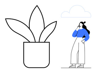 Woman in blue sweater with thoughtful pose beside large potted plant and cloud. Ideal for growth, contemplation, environment, mindfulness, planning, introspection, serenity themes. Abstract line flat