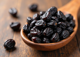 Obraz premium Dried Black Raisins in Wooden Spoon on Textured Background with Natural Light 