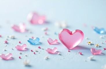 Obraz premium Light pink and blue small hearts and small flowers on a light background