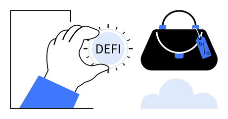Hand holding DEFI coin, luxury handbag with tag, cloud icon. Ideal for digital finance, cryptocurrency, e-commerce, virtual assets, luxury goods trade investment financial technology. Abstract line