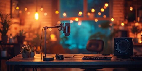 A professional podcast studio setup with glowing lights and a sleek microphone. Perfect for technology, content creation, and media visuals.