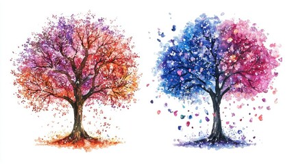 Obraz premium Whimsical Watercolor Trees with Colorful Blossoms and Falling Leaves