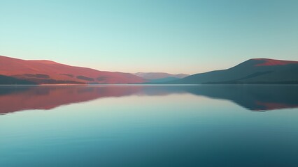 Obraz premium Serene Minimalist Lake Landscape, Red Hills Reflecting in Calm Water Under a Clear Blue Sky