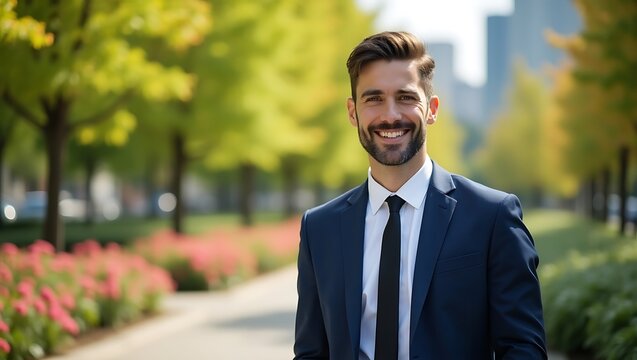 Businessman in Suit with Urban Park Background - Portrait