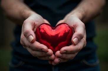 Obraz premium A red heart in a human hand on a black background
