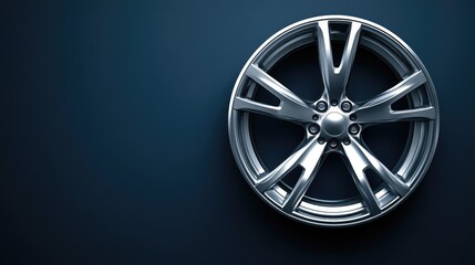 Fototapeta premium Close-up of a premium alloy car wheel with high-gloss finish, isolated on a dark blue background.