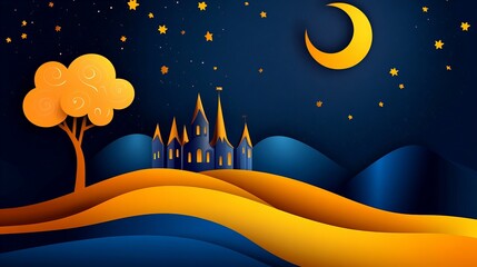 Fairytale castle nestled on a hill under a crescent moon and starry night sky.