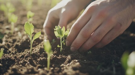Hands planting young seedlings in fertile soil.