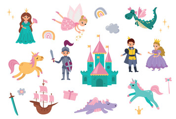 Set of hand drawn princess, prince, castle, dragon, unicorn and other details for children's design. 