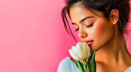Fototapeta premium A cheerful young woman smiles brightly while holding a bouquet of fresh white tulips, standing in front of a beautifully textured pink wall. Sunlight illuminates her joyful expression.