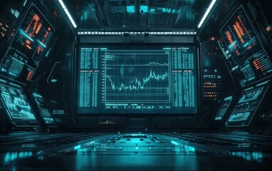 Obraz premium A glowing stock market chart on a futuristic digital display in a dark room