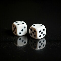 Two white dice on a black surface.  The dice are reflecting on the surface.