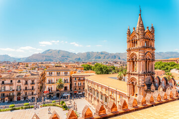 Fototapeta premium Palermo Cathedral Tower , Sicily, Italy. View from the roof of the cathedral on the city and surrounding buildings in Palermo
