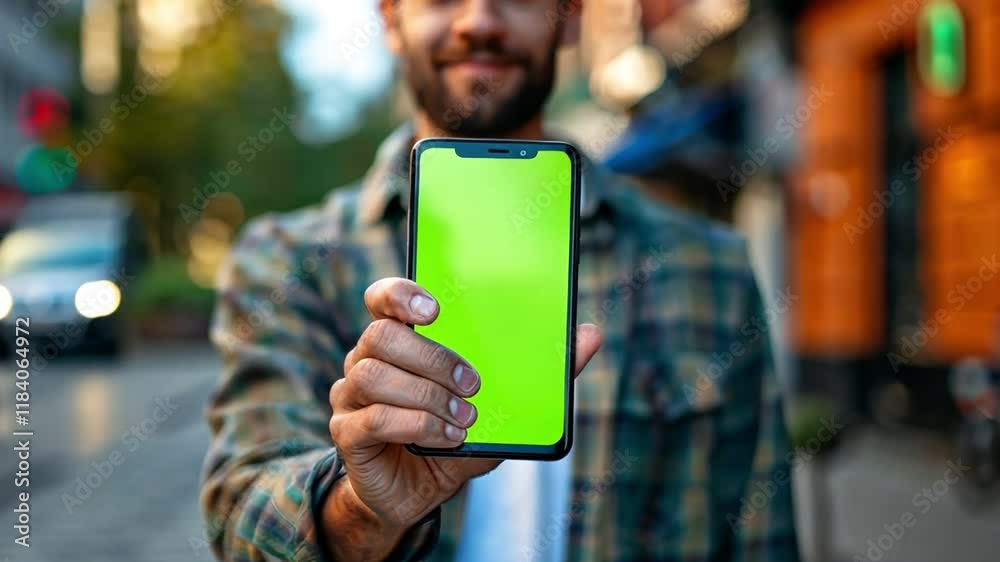 Aufkleber a man stands on a city street, smiling and displaying a smartphone with a bright green screen. the s
