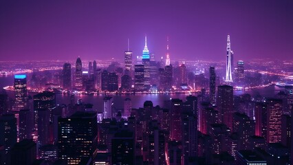 Stunning Panoramic Night View of Purple City Skyline, Vibrant Metropolis with Twinkling Lights and Architectural Details