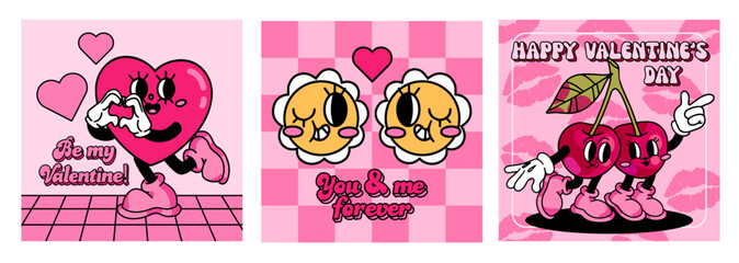 Retro groovy cards set for Valentines day. Heart and cherry characters in trendy retro 60s 70s cartoon style. Romantic vector posters template