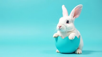 Obraz premium Easter card. White Easter bunny peeking out of a blue paper egg, soft blue background, Easter, spring