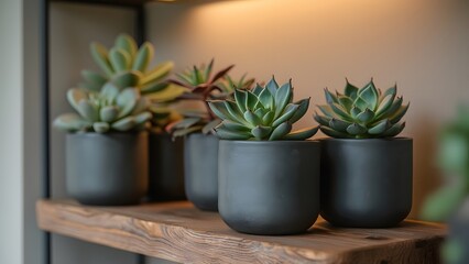 Fototapeta premium Plump Iridescent Succulents in Matte Industrial Planters on Rustic Wooden Shelf - Minimalist Home Decor
