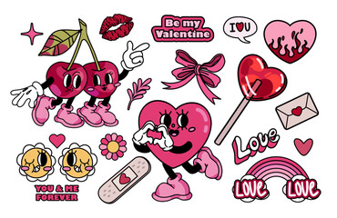 Retro groovy sticker set for Valentines day. Heart and cherry characters in trendy retro 60s 70s cartoon style. Romantic vector characters and elements.