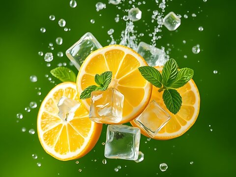 Mint leaves and lemon slices over ice and in a splash of water. Isolated on a greenish background
