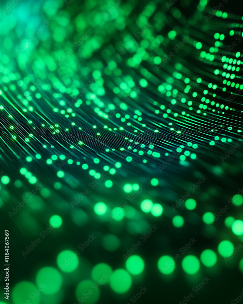 Poster Abstract green glowing particle wave with futuristic digital pattern