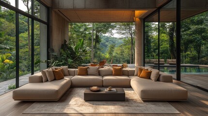 Luxury sectional sofa, jungle view, modern home, interior design, relaxation