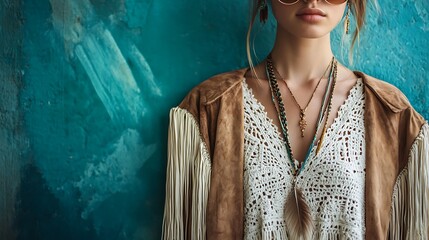 Close-up of woman wearing boho chic outfit against teal wall.