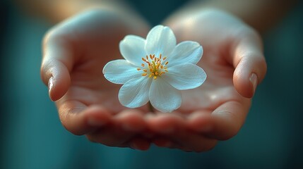 A pair of hands gently holding a delicate white flower, symbolizing care and beauty.