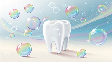 Shiny white tooth surrounded by colorful soap bubbles creating a clean and fresh dental care atmosphere