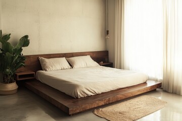 Cozy minimalist bedroom with industrial-modern aesthetics and natural light