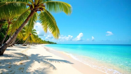 beach with palm trees, Summer background, tropical sea holiday on sunny sandy beach