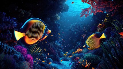 Neon-colored fish glowing under the light, swimming in a tropical sea setting with a bright azure background.