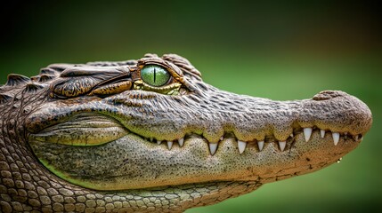 Obraz premium Close-up Portrait of a Crocodile with Striking Green Eye and Detailed Scales Against a Soft Green Background