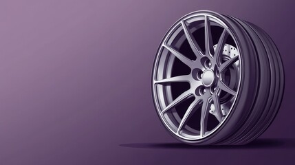 Premium silver car wheel with large spokes, isolated on a muted purple background for a stylish look.