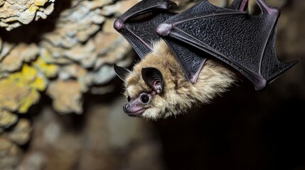 Naklejka premium Close-up of a pale brown bat hanging in a cave.