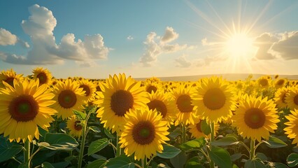 Fototapeta premium Golden Hour Sunflowers, Vibrant Field of Sunflowers at Sunset in a Golden Sky