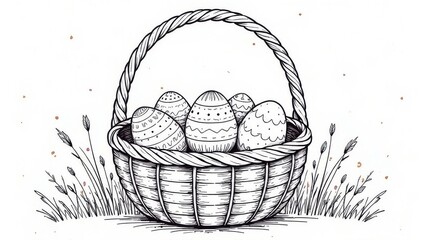 Coloring book for adults and children. Christ is risen. Black and white Easter eggs in a basket.