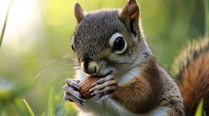 Obraz premium Close-up of an adorable squirrel eating a nut in a lush green field.