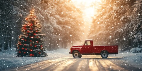 A toy red truck carrying a Christmas tree, surrounded by snowy decor and festive lights. Perfect for holiday, winter, and nostalgic themes.