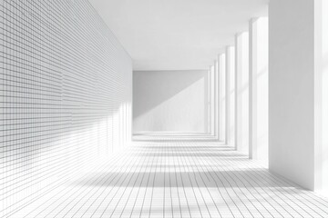 Fototapeta premium Exploring Minimalist White Architecture: Sunlight Illuminates Tiled Corridor with Columns and Walls, Creating a Serene Atmosphere.