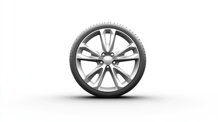 Fototapeta premium Sleek silver alloy car wheel with angular spokes, placed on a bright white background for clarity.